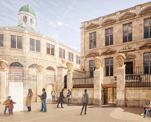Artist impression of the proposed History of Science Museum new level-access exterior entrance, featuring glass doors into the building. Illustrative people dot the image.