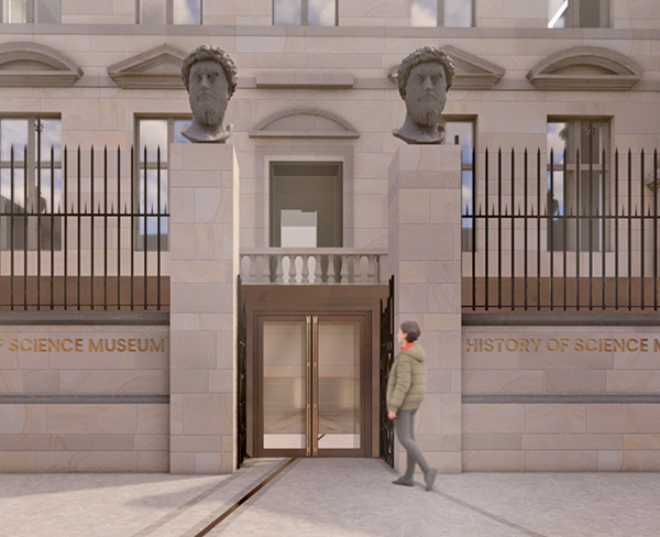 Artist impression of the proposed History of Science Museum new entrance doorway. An illustrative person stands to the right of the glass doors.
