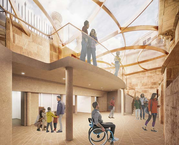 Artist impression of the proposed History of Science Museum new, two-level welcome space featuring a glass ceiling. Illustrative people dot the image.