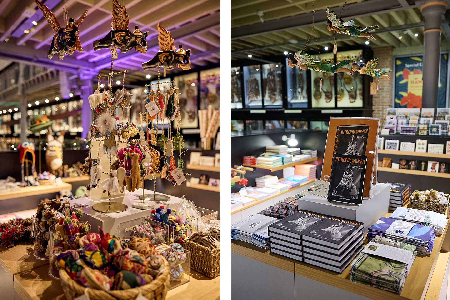 Two Pitt Rivers Museum shop displays, featuring handmade and embroidered decorations from around the world