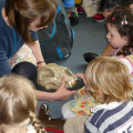 Staff member showing an object to a group of children