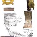 Sketchbook page of time related object drawings