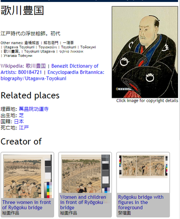 An example of a Wikidata profile page for artist Toyokuni, automatically presented in Japanese An example of a Wikidata profile page for artist Toyokuni, rendered in Japanese language